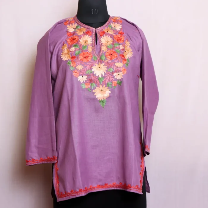 Exquisite Kashmiri Cotton Light Purple Short Kurta with Aari Work - Nowhatta Collection