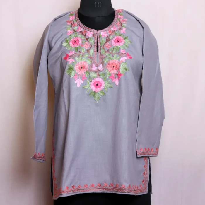 Lightweight Cotton Short Ash Grey Kashmiri Kurta with Elegant Aari Embroidery - Nowhatta Collection