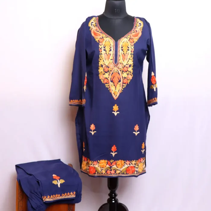 Elegant Dark Blue Summer Cool Kashmiri Kadhai Kurta | Co-ord - Dalgate Collection