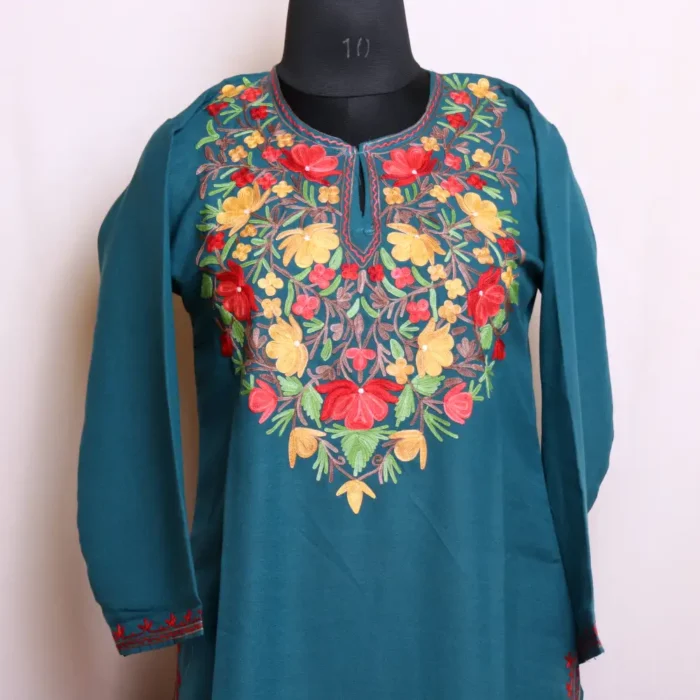 Graceful Teal Green Kashmiri Long Kurti Top in Summer Cool Fabric with Aari Work - Nowhatta Collection