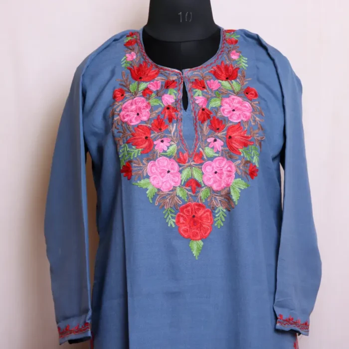 Comfortable Summer Cool Ash Grey Kashmiri Long Kurti Top with Aari Work - Nowhatta Collection