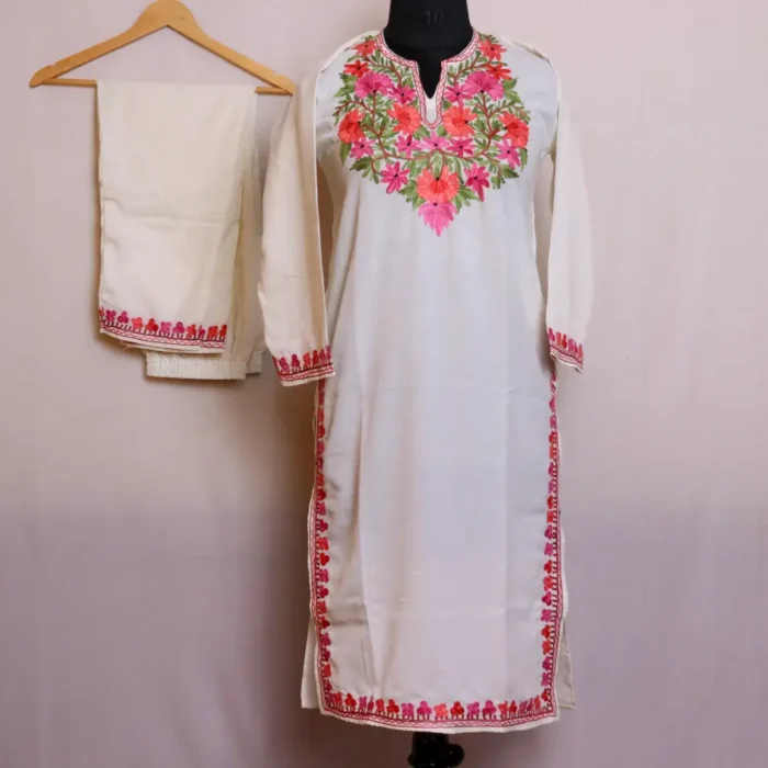 White Summer Cool Kurta Set with Aari Embroidery - Nowhatta Collection