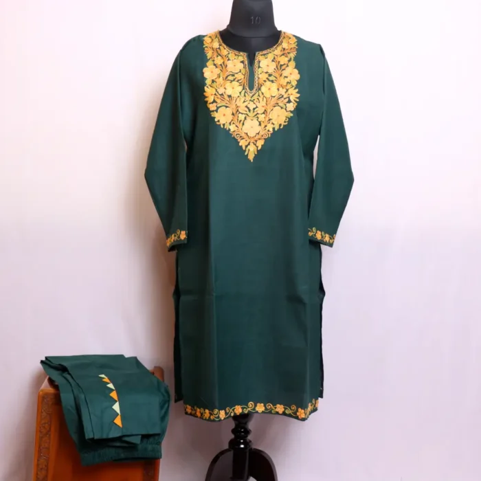 Dark Green Cotton Kurta Set with Aari Embroidery - Nowhatta Collection