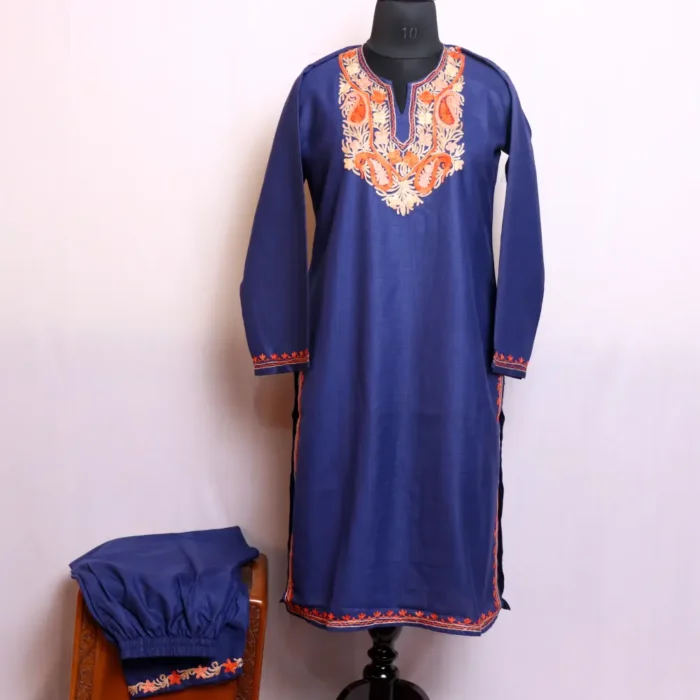 Dark Blue Kashmiri Cotton Kurta Set with Aari Embroidery - Nowhatta Collection