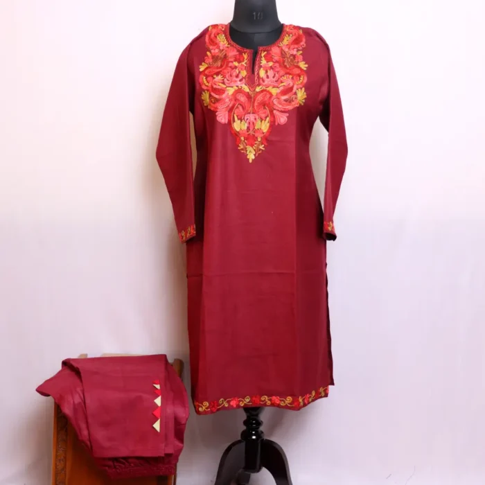 Lashmiri Maroon Cotton Kurta Set with Aari Work - Nowhatta Collection