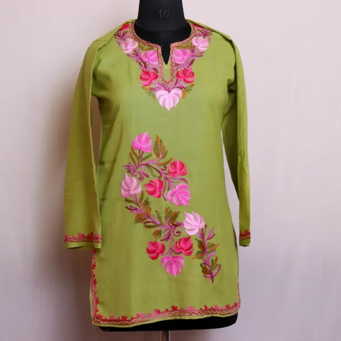 Stylish Summer Cool Green Short Kurti with Kashmiri Aari Work - Baghmehtab Collection