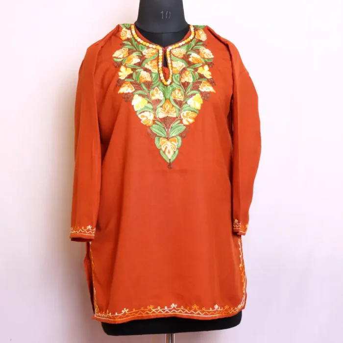 Soft and Comfortable Brown Kashmiri Aari Embroidered Short Kurti - Baghmehtab Collection