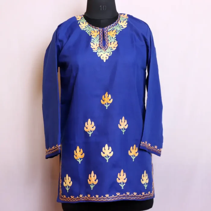 Dark Blue Summer Cool Short Kurti with Exquisite Kashmiri Embroidery - Baghmehtab Collection