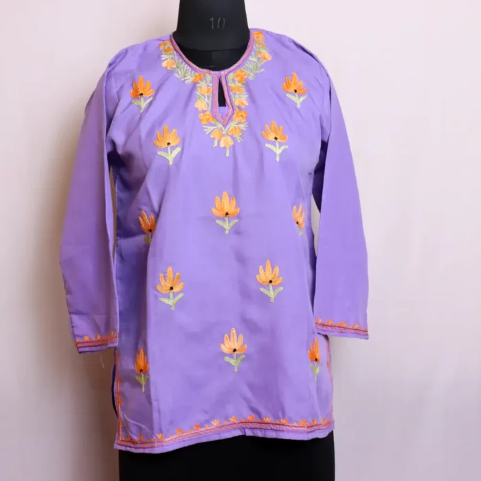 Purple Summer Cool Short Kurti with Intriguing Kashmiri Aari Work - Baghmehtab Collection