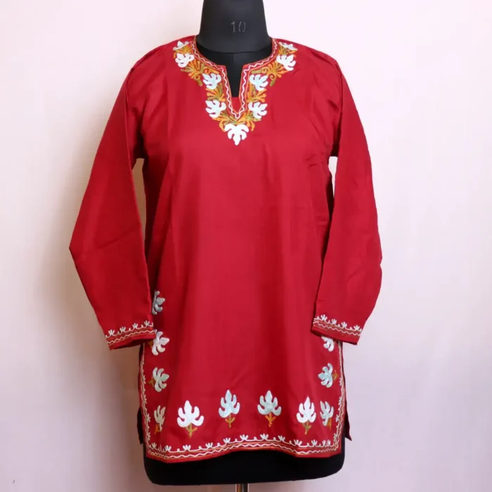 Classic Maroon Short Kurti with Beautiful Kashmiri Embroidery in Summer Cool Fabric - Baghmehtab Collection