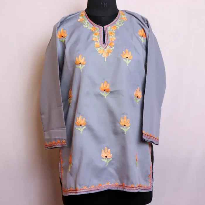 Simple and Elegant Grey Kashmiri Aari Work Short Kurti in Summer Cool Fabric - Baghmehtab Collection