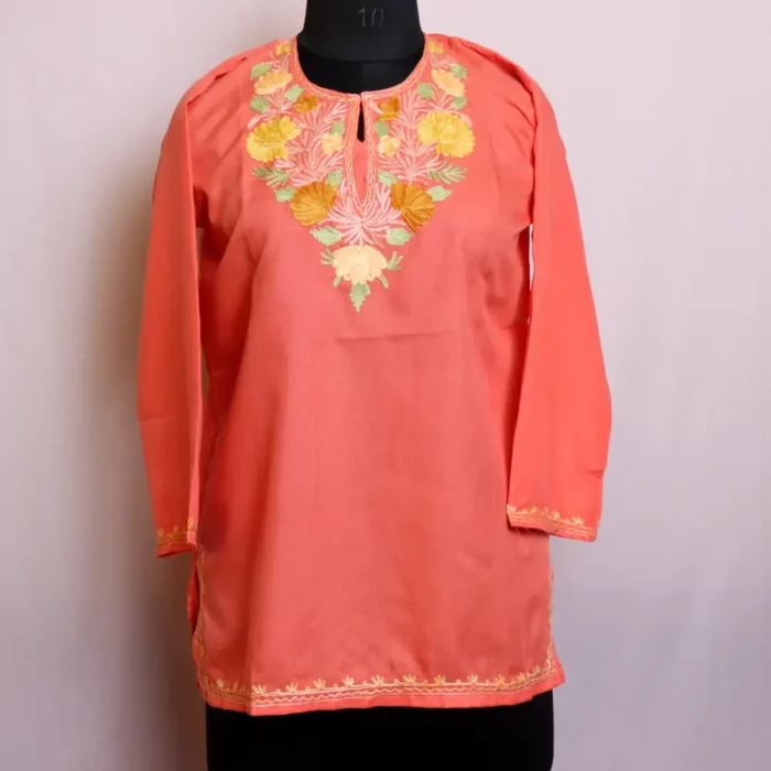 Peach Color Airy Kashmiri Embroidered Short Kurti for Everyday Comfort - Baghmehtab Collection