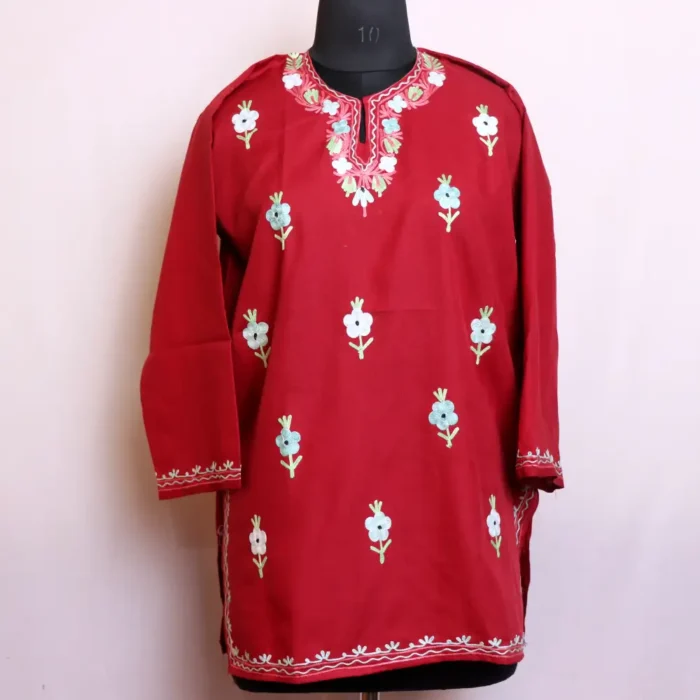 Stylish and Airy Kashmiri Embroidery Maroon Short Kurti for Everyday Comfort - Baghmehtab Collection