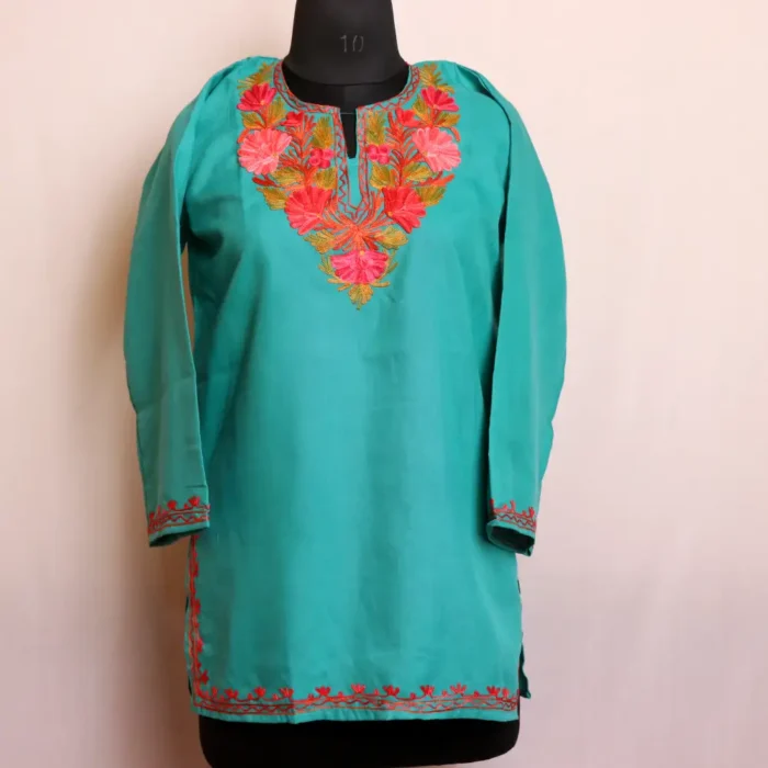 Fashionable Summer Cool Sea Green Short Kurti with Ethnic Kashmiri Embroidery - Baghmehtab Collection