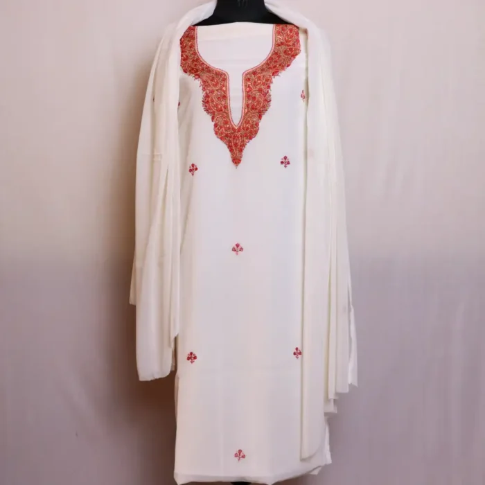 White 3PC Georgette Kashmiri Suit With Dupatta and Hand Sozni Embroidery - Nowhatta Collection