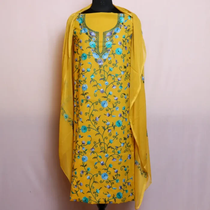 Kashmiri 3 Pc Yellow Summer Cool Suit With Dupatta | All Over Jaal Hand Aari embroidery - Nowhatta Collection