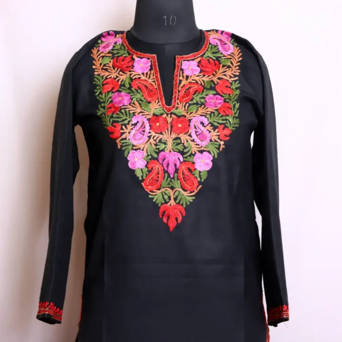 Beautiful Black Kashmiri Aari Embroidered Cotton Kurti Dress - Zikar Collection