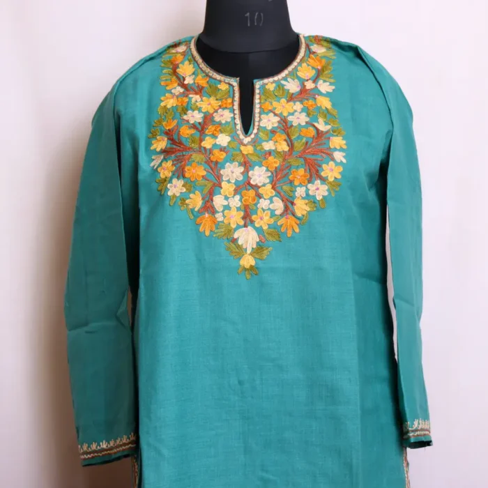 Soft Aqua Blue Cotton Kashmiri Kurti Dress with Classic Aari Embroidery - Zikar Collection