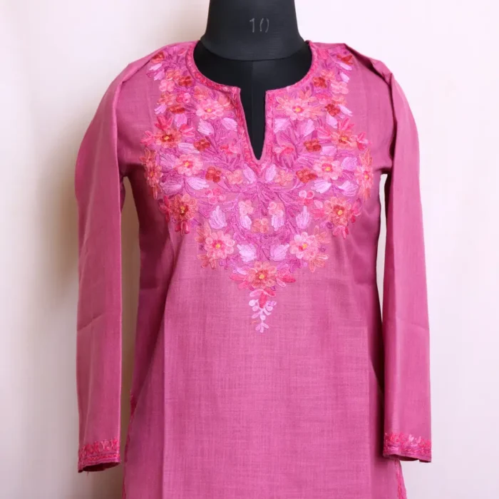 Lightweight Cotton Kashmiri Pink Kurti Dress with Graceful Aari Work - Zikar Collection