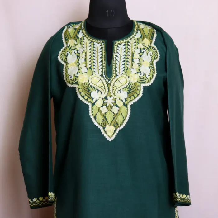 Trendy Kashmiri Dark Green Kurti Dress in Cotton with Aari Detailing - Zikar Collection