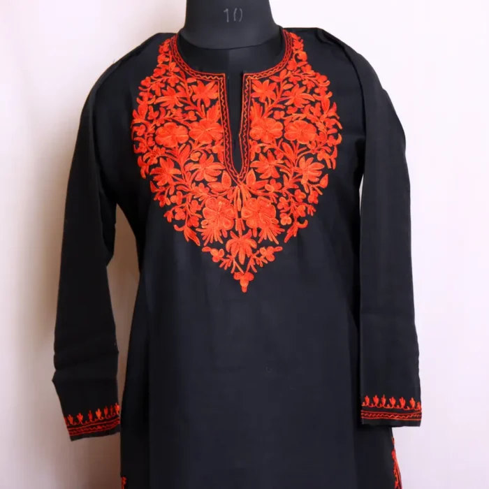 Traditional Kashmiri Black Cotton Kurti Dress with Delicate Aari Work - Zikar Collection