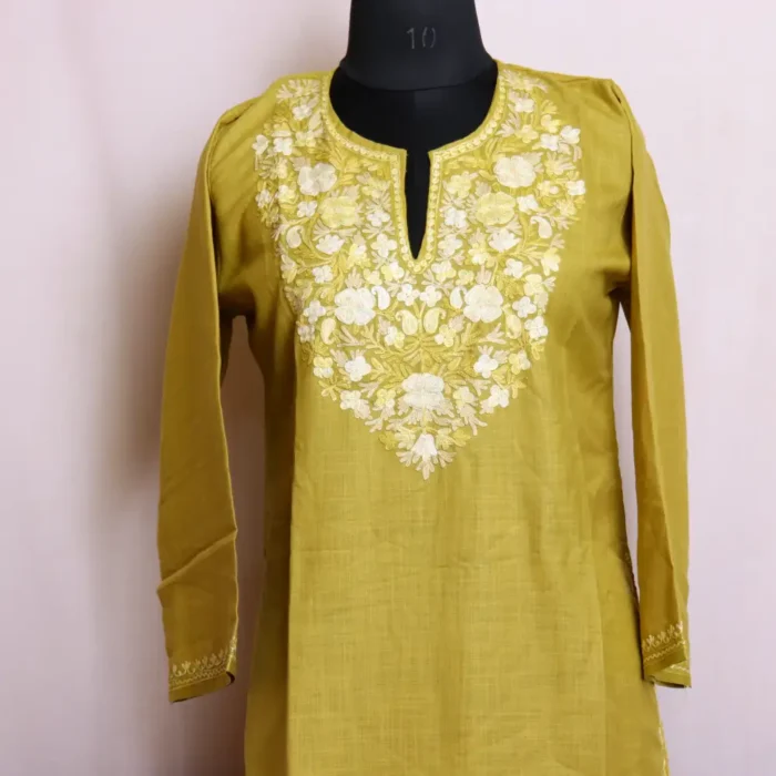 Soft and Stylish Kashmiri Lime Green Kurti Dress in Cotton with Aari Embroidery - Zikar Collection