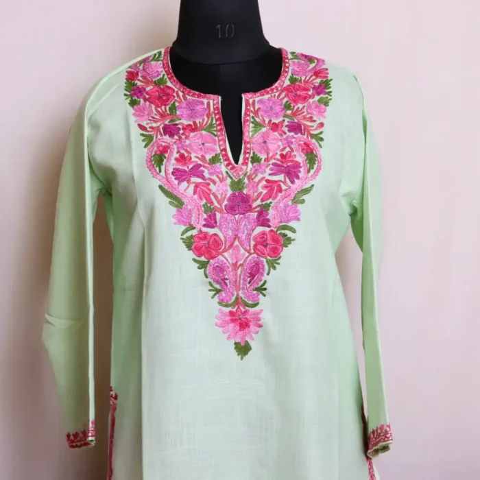 Lightweight and Comfortable Pale green Kashmiri Cotton Kurti Dress - Zikar Collection