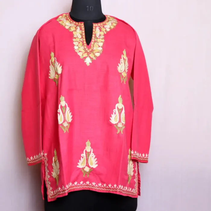 Beautiful Aari Embroidered Hot Pink Cotton Kashmiri Short Kurti Dress - Zikar collection