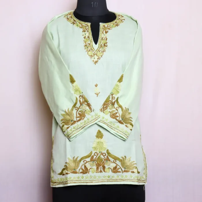 Soft Cotton Kashmiri Pale Green Short Kurti Dress with Delicate Aari Embroidery - Zikar collection