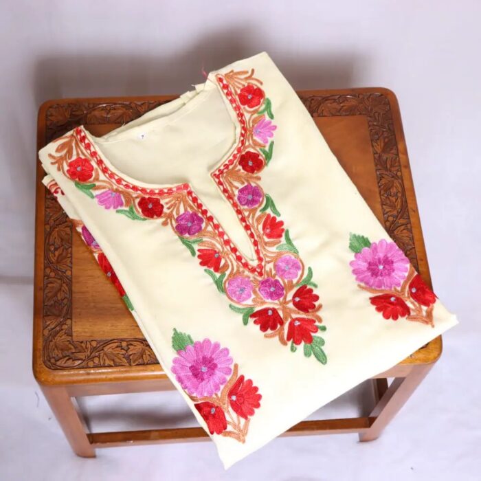 Trendy Cream Color Kashmiri Short Kurti Dress in Cotton with Fine Aari Embroidery - Zikar Collection