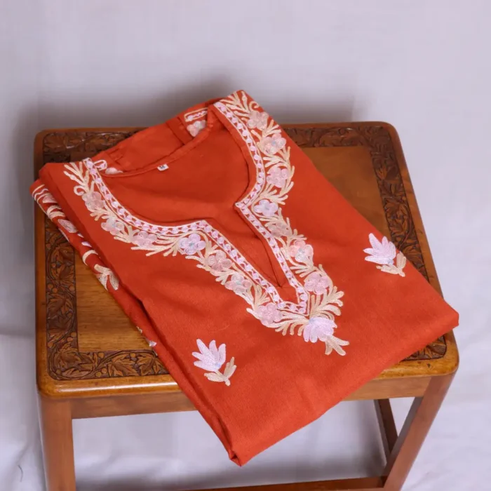 Everyday Wear Kashmiri Rustic Orange Short Kurti Dress in Cotton with Aari Work - Zikar Collection