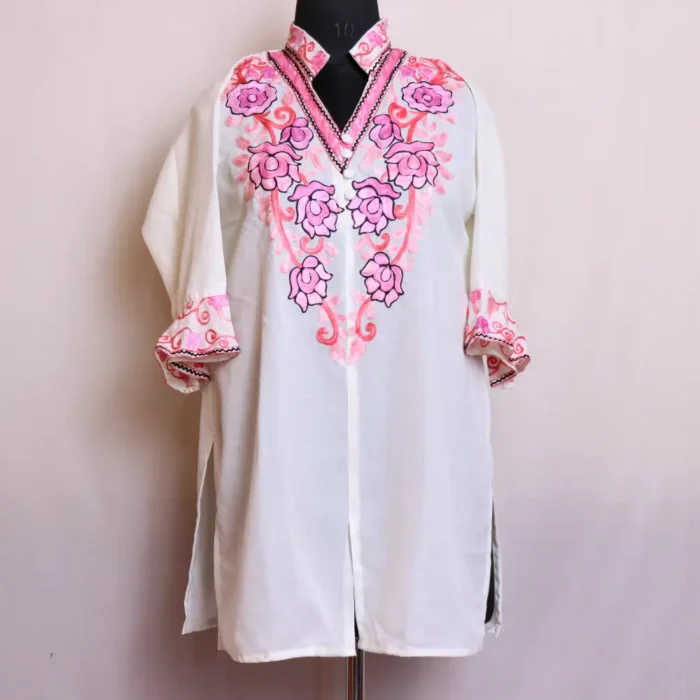 Stylish Summer Cool Golaab Naal White Short Kurta with Pink Aari Embroidery & Cuff Sleeves | Dalgate Collection