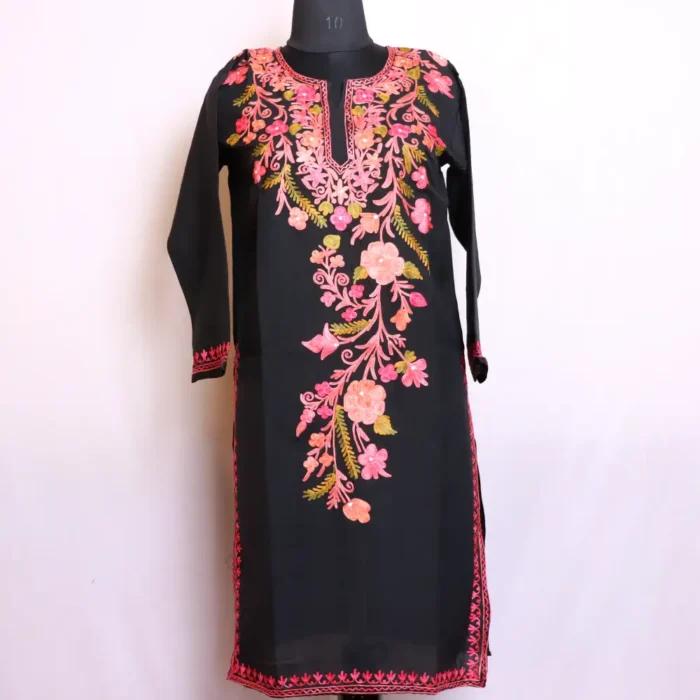 Stylish Kashmiri Summer Cool Big Neck Boothidar BlackLong Kurta with Aari Work | Dalgate Collection