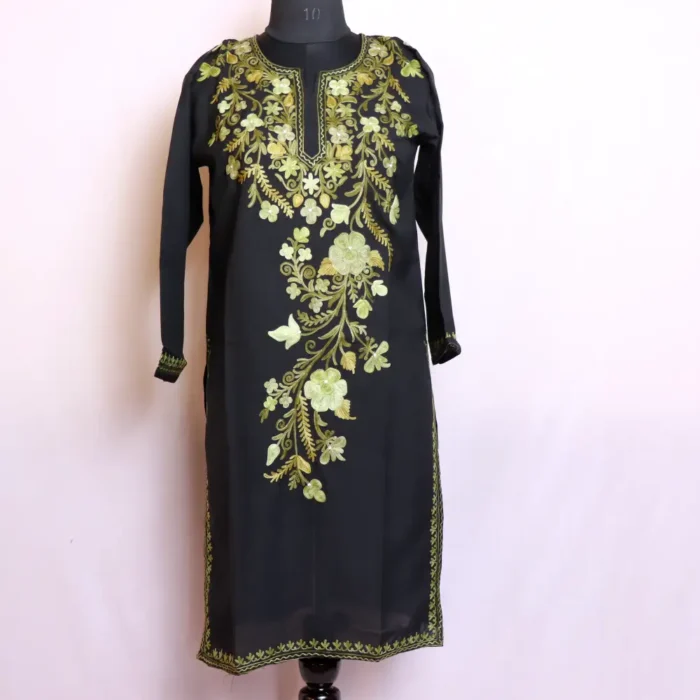 Kashmiri Big Neck Boothidar Black Long Kurta in Summer Cool with Aari Embroidery | Dalgate Collection