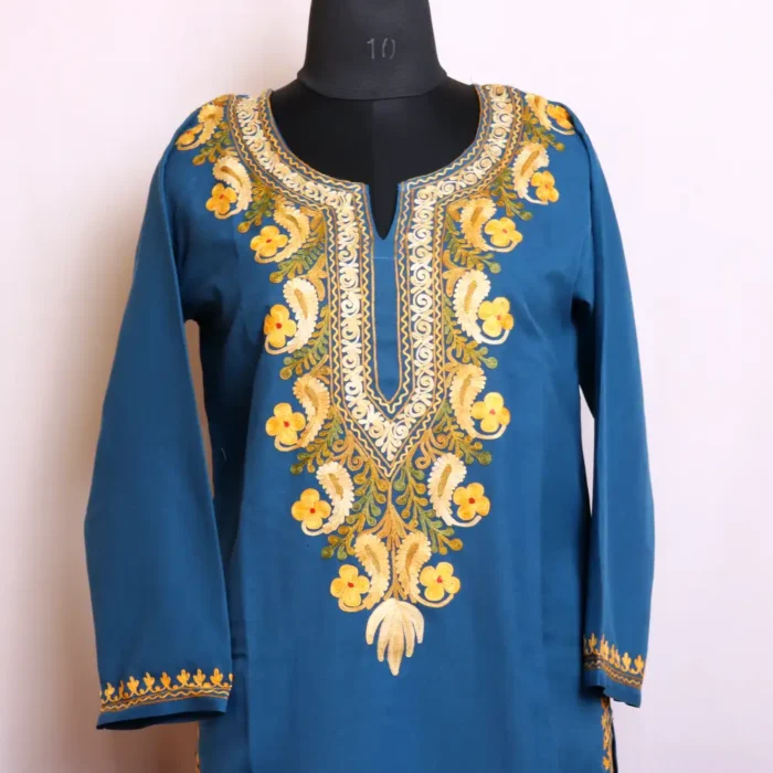 Kashmiri Big Neck Boothidar Royal Blue Long Kurta in Summer Cool with Aari Embroidery | Dalgate Collection